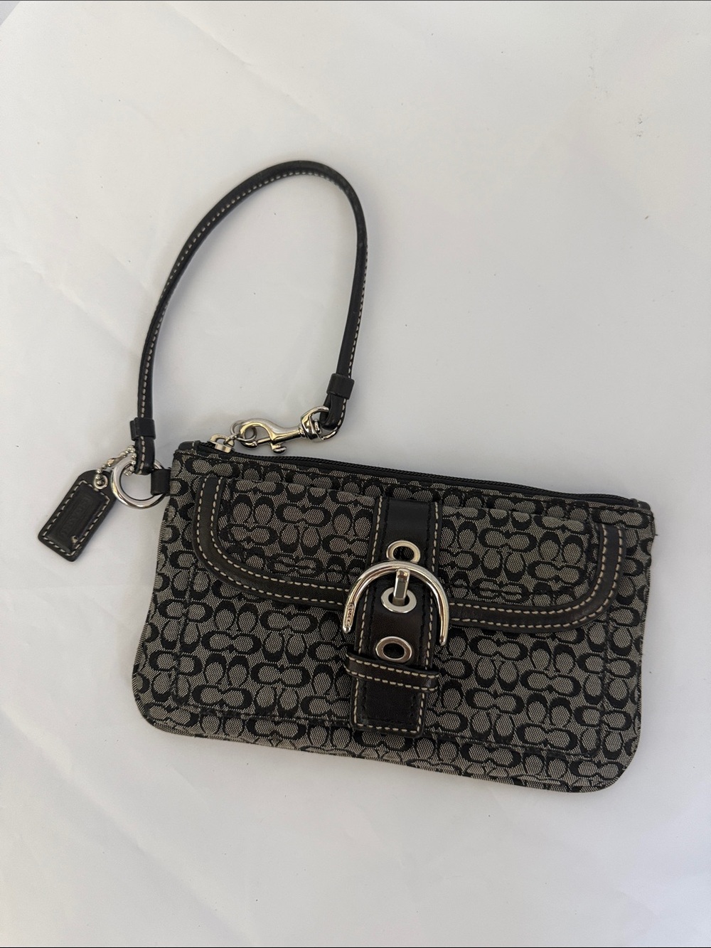 Coach Black and Gray Signature Wristlet with Buckle Accent